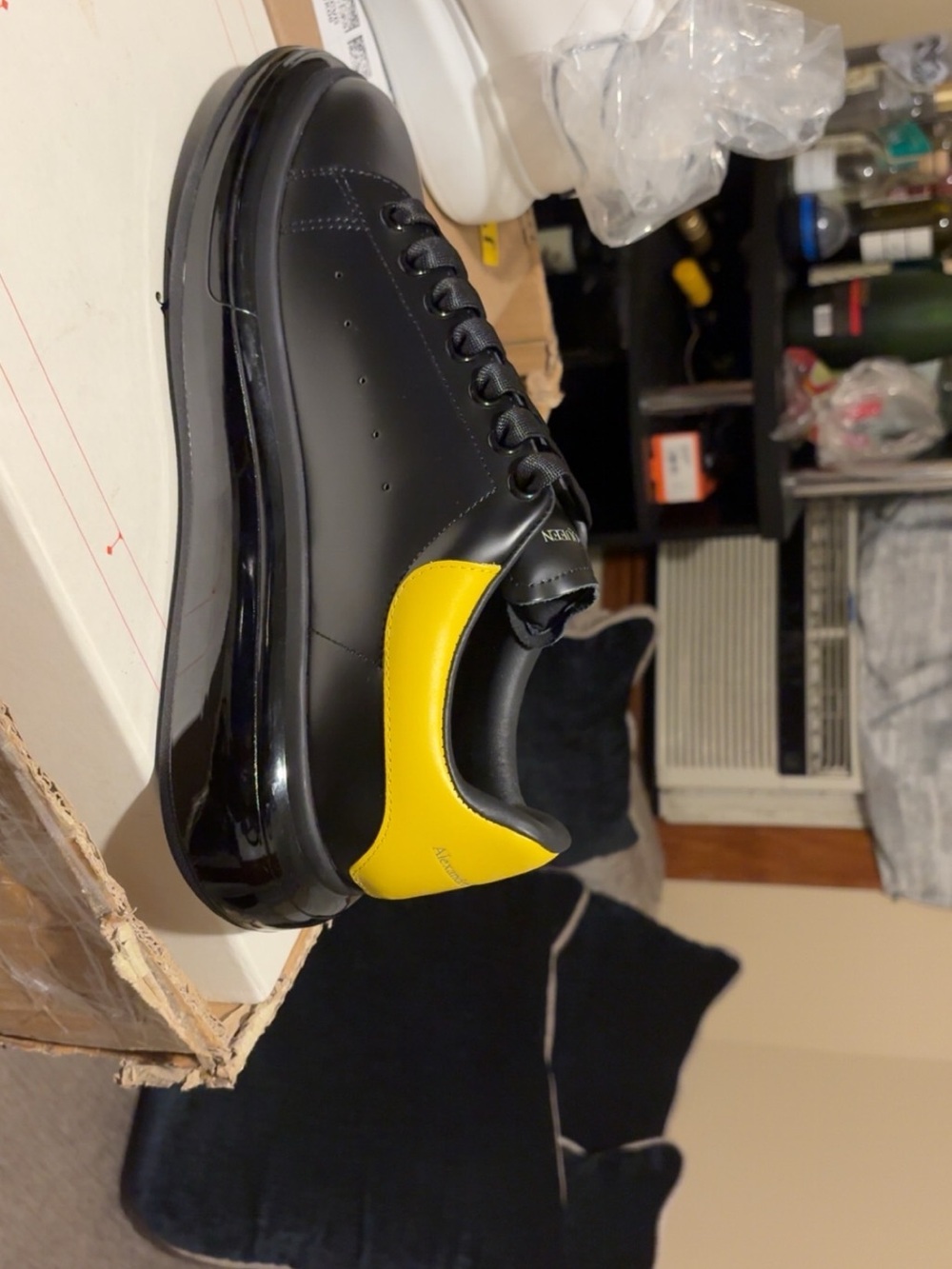 Alexander McQueen Black Leather Sneakers with Yellow Heel Panel - Picture 6 of 7